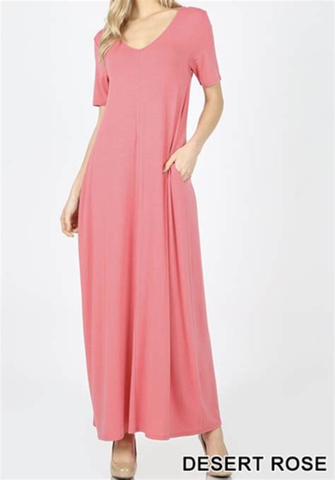 Short Sleeve Maxi Dress With Pockets Material Polyester 55 Rayon 40