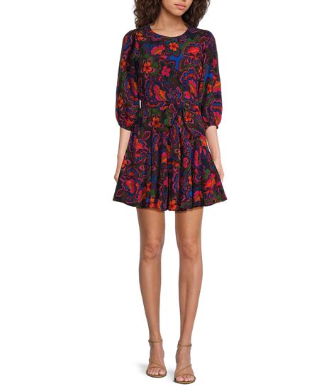 Sugarlips Floral Print Crew Neck Long Sleeve Waist Tie Mini Dress