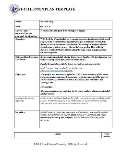 MAT 151 Lesson Plan Template MAT 151 LESSON PLAN TEMPLATE Name