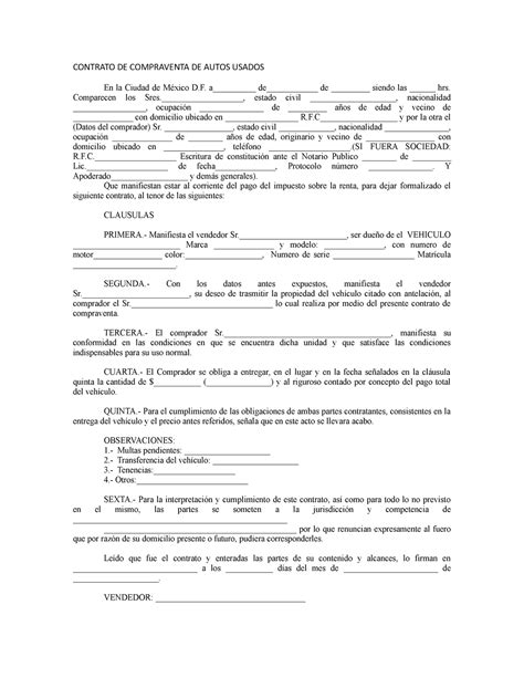 Contrato De Compraventa De Autos Usados Contrato De Compraventa De