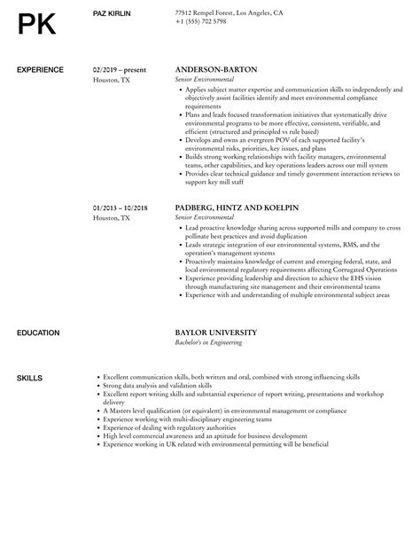 Senior Environmental Resume Samples Velvet Jobs