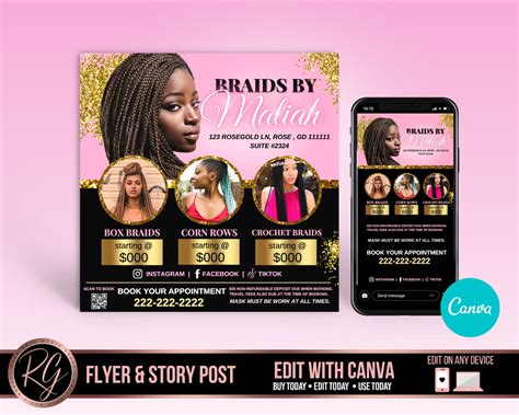 Hair Braiding Flyer Hair Salon Flyer Canva Template Etsy