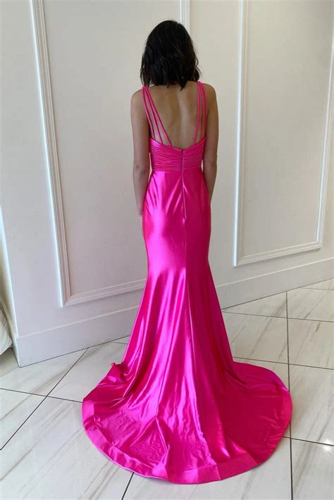 Hot Pink Satin V Neck Mermaid Long Prom Dresses Mermaid Hot Pink Form