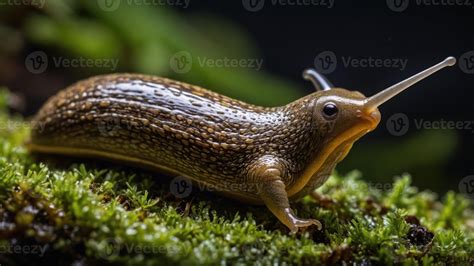 A close-up of a textured slug on moss, showcasing its unique features