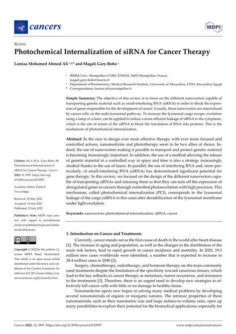 PDF Photochemical Internalization Of SiRNA For Cancer Therapy