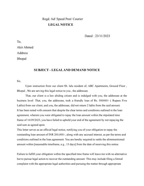 Legal Notice For Recovery Of Money Regd Ad Speed Post Courier