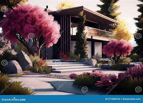 Spring Flower Garden with Modern House Exterior Landscape Design Stock ...