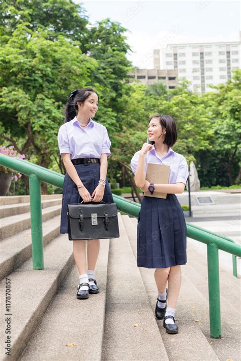 Cute Asian Thai High Schoolgirls Student Couple In School Uniform