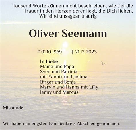 Traueranzeigen Von Oliver Seemann Sh Z Trauer