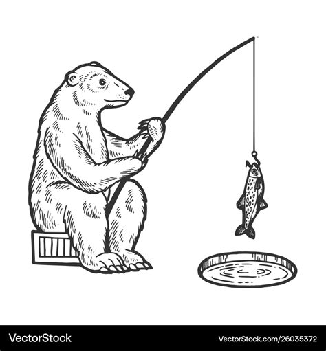 Polar bear fishing sketch engraving Royalty Free Vector