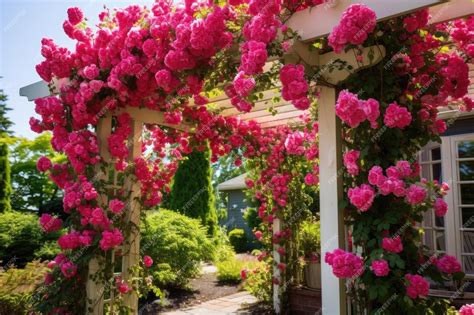 Premium AI Image | A pergola with climbing roses in full bloom