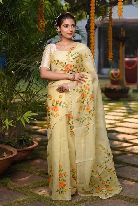 Yellow Handpainted Organza Silk Saree Saree Painting Designs Hand