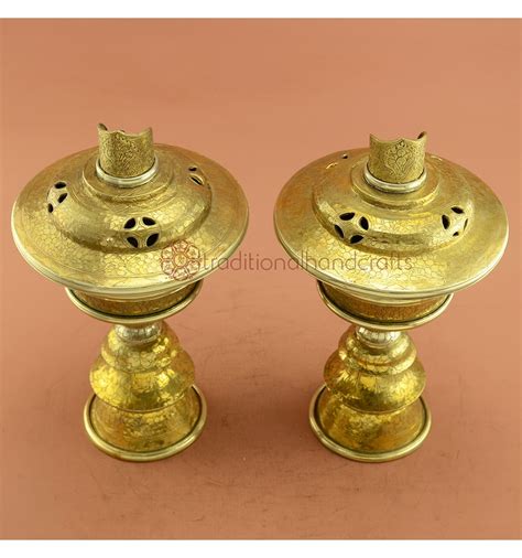 Fine Hand Carvings Tibetan Buddhism Brass Butter Lamps Set From Nepal