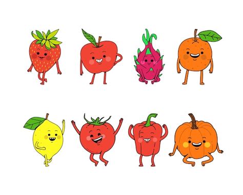 Divertidos Personajes De Dibujos Animados De Frutas Y Verduras Aislados