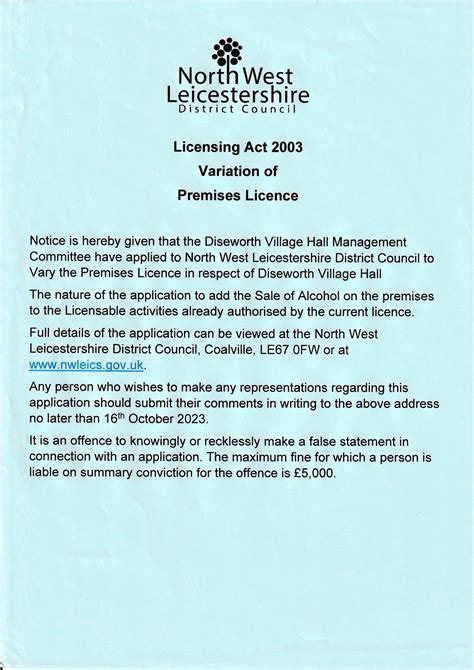 Variation To Premises Licence Diseworth Village Hall