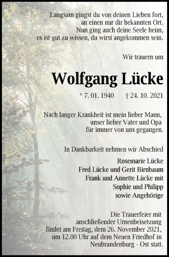 Traueranzeigen von Wolfgang Lücke Trauer Nordkurier