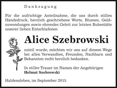 Traueranzeigen Von Alice Szebrowski Abschied Nehmen De