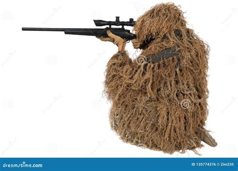 Sniper in ghillie suit stock photo. Image of army, firearm - 135774376