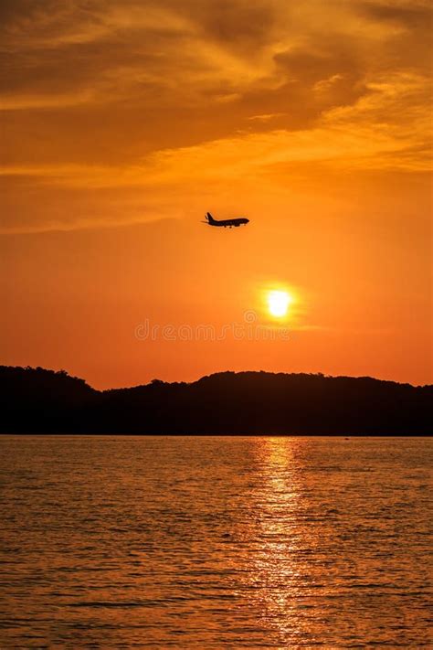 Silueta Del Aterrizaje De Aeroplano Del Pasajero En La Puesta Del Sol