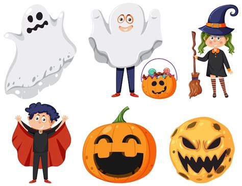 Premium Vector Set Of Halloween Cartoon Characters And Elements