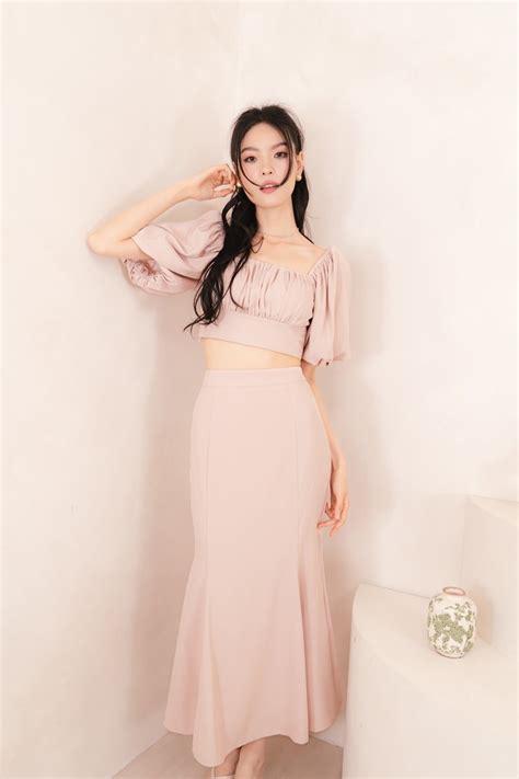 Eva Padded Puff Sleeve Ruched Top In Nude Pink Mikayla