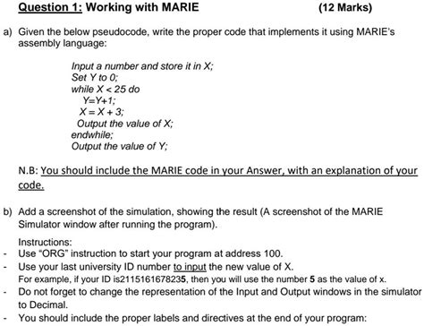 Solved Question Working With Marie Marks A Given The Below