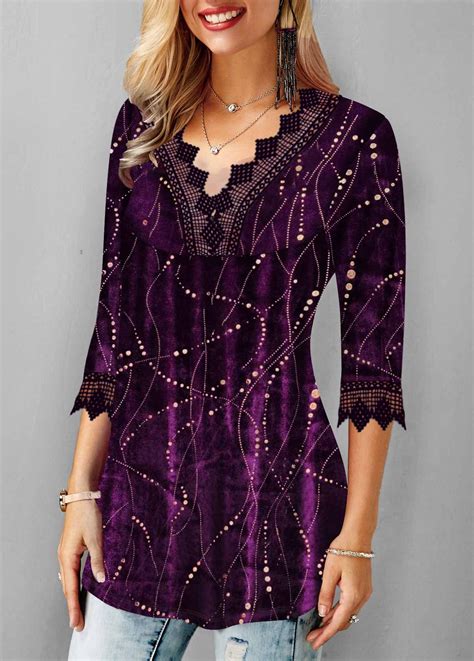 Hot Stamping Deep Purple Lace Panel T Shirt In 2020 Trendy Tops For