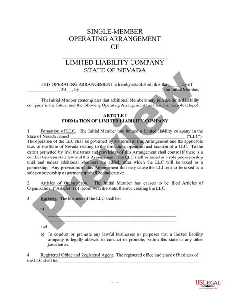 Nevada Single Member Limited Liability Company Llc Operating Agreement Nv Company Us Legal Forms