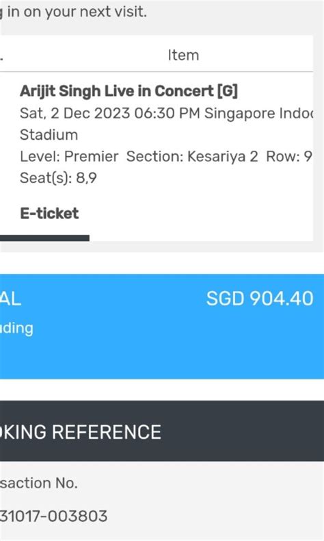 Arijit Singh Concert Singapore VIP Tickets X 2 Tickets Vouchers