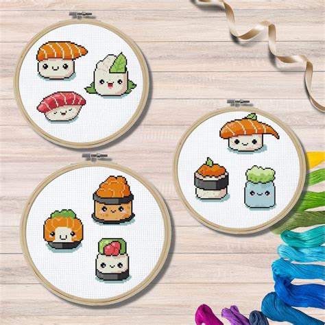 Kawaii Sushi Food Counted Cross Stitch Pattern Chart Pdf Set Etsy