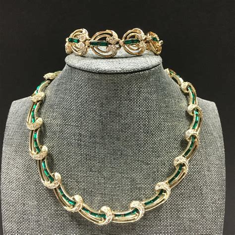 Vtg Kramer Emerald Green Baguette Rhinestone Necklace Bracelet Earring