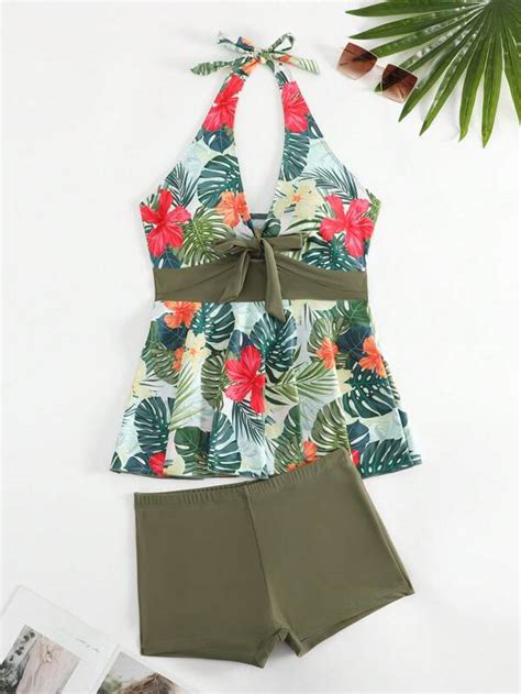 Shein Swim Classy Tropical Print Knot Front Halter Bikini Swimsuit