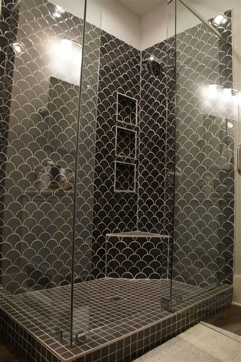 Beautiful Shower In Black Fish Scale Tile With Three Niches And A Bench