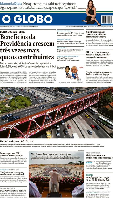 Capa O Globo Edição Segunda 1 de Abril de 2024