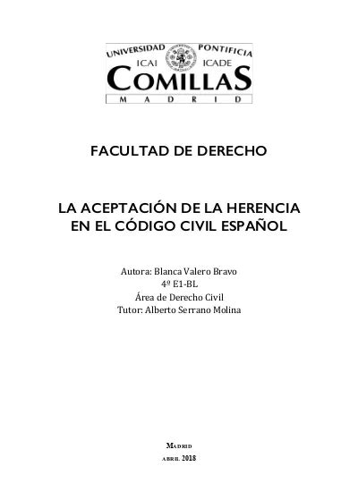 FACULTAD DE DERECHO LA ACEPTACIÓN DE LA HERENCIA EN EL CÓDIGO CIVIL ESPAÑOL