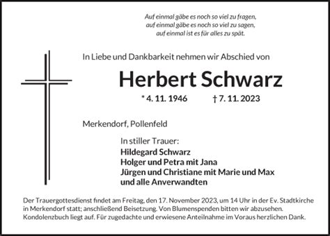 Traueranzeigen Von Herbert Schwarz Trauer Flz De