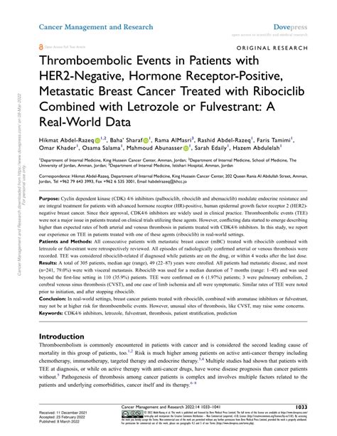 PDF Thromboembolic Events In Patients With HER2 Negative Hormone