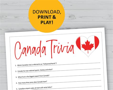 Canada Trivia Game, Canadian History Questions Printable, Instant