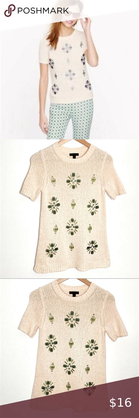 J Crew Jeweled Gem Medallion Short Sleeve Sweater Top Size Xs Green