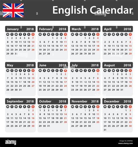 English Calendar For 2018 Scheduler Agenda Or Diary Template Week