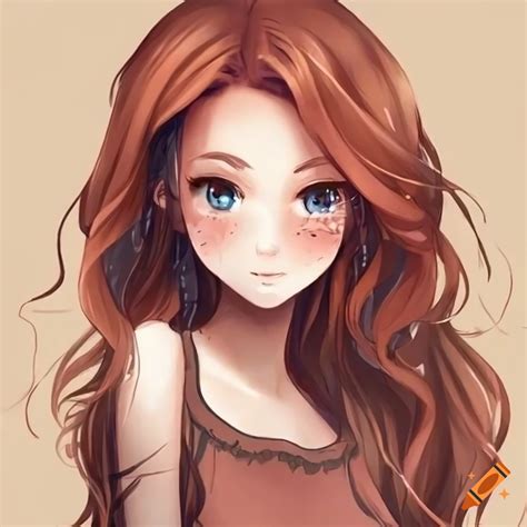 Anime Cartoon Cute Young Woman With Freckles And Long Wavy Reddish Brown Hair On Craiyon