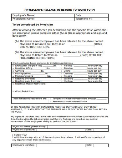 Return To Work Release Form