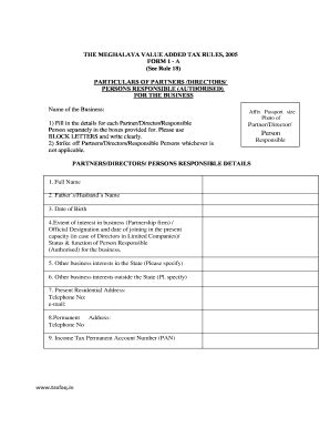 Fillable Online THE MEGHALAYA VALUE ADDED TAX RULES 2005 FORM 1 A