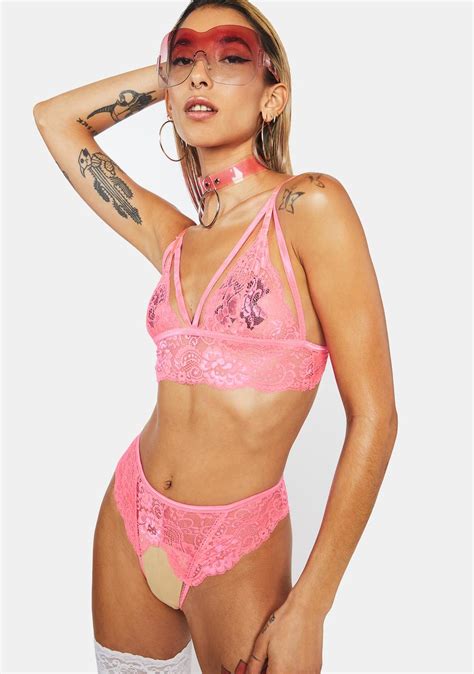 Strappy Lace Triangle Bralette And Lace Up Crotchless Panty Set Pink Dolls Kill