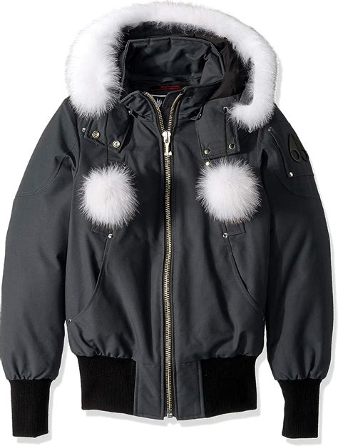 Moose Knuckles Womens Debbie Bomber Down Jacket With Fur Pom Clothing Shoes