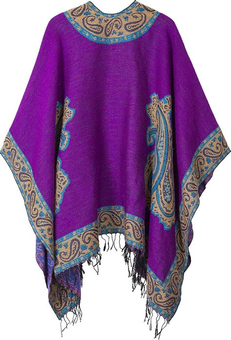 Women S Fashionable Retro Style Vintage Pattern Tassel Poncho Shawl