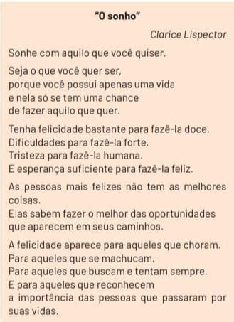 Poema Clarice Lispector - 3. Leia o poema de Clarice Lispector e registre em seu caderno as ...