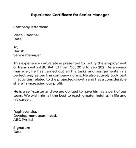 Work Experience Certificate Letter — Format Of Experience 59 Off