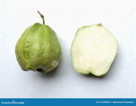 Fresh Green Raw Guava Psidium Guajava L Fruit Cut In Half Sliced