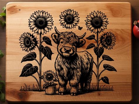 Highland Cow And Sunflowers Svg Laser Engrave File Glowforge Xtool Etsy